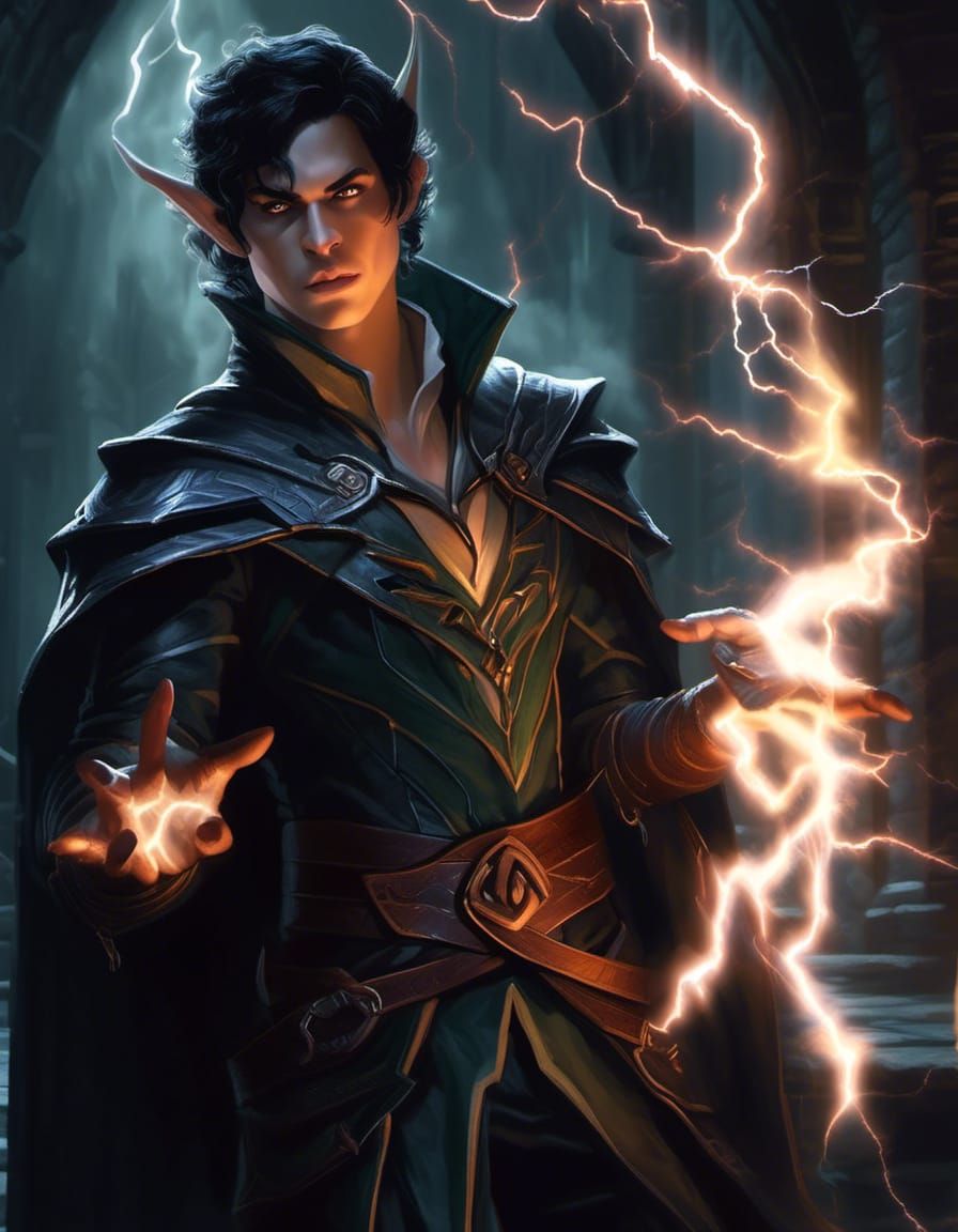 A handsome younger elf man (grey_eyes, short_wavy_undercut_black_hair, pointed_elf_ears) casting a lightning spell in a dungeon. Fashionable...