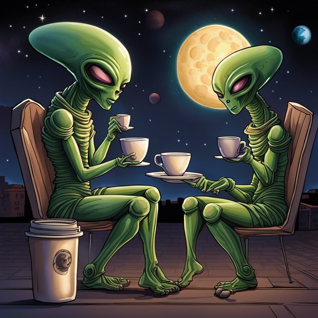 Aliens sip coffee
