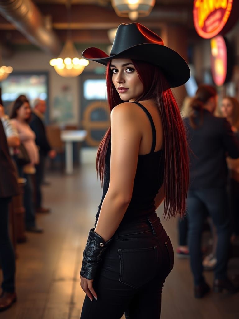 Alluring Cowgirl Poses at a Dimly Lit Western Bar