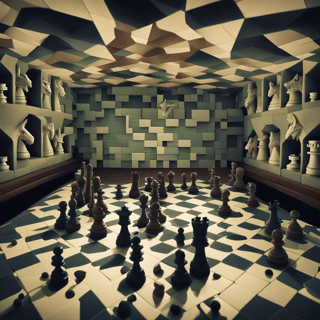 tessellated game of chess in the style of m.c. escher