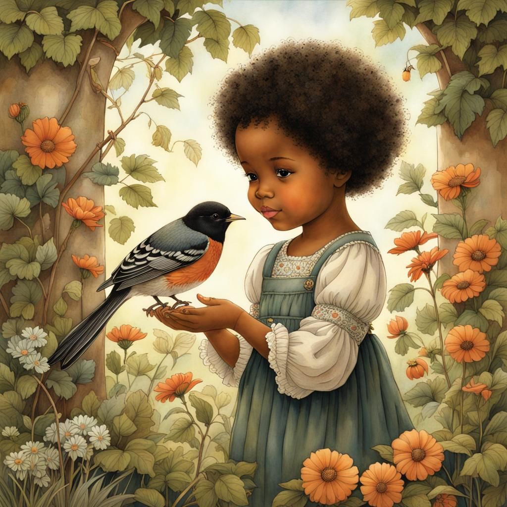cute black toddler girl holds a robin in her hand, with her ...