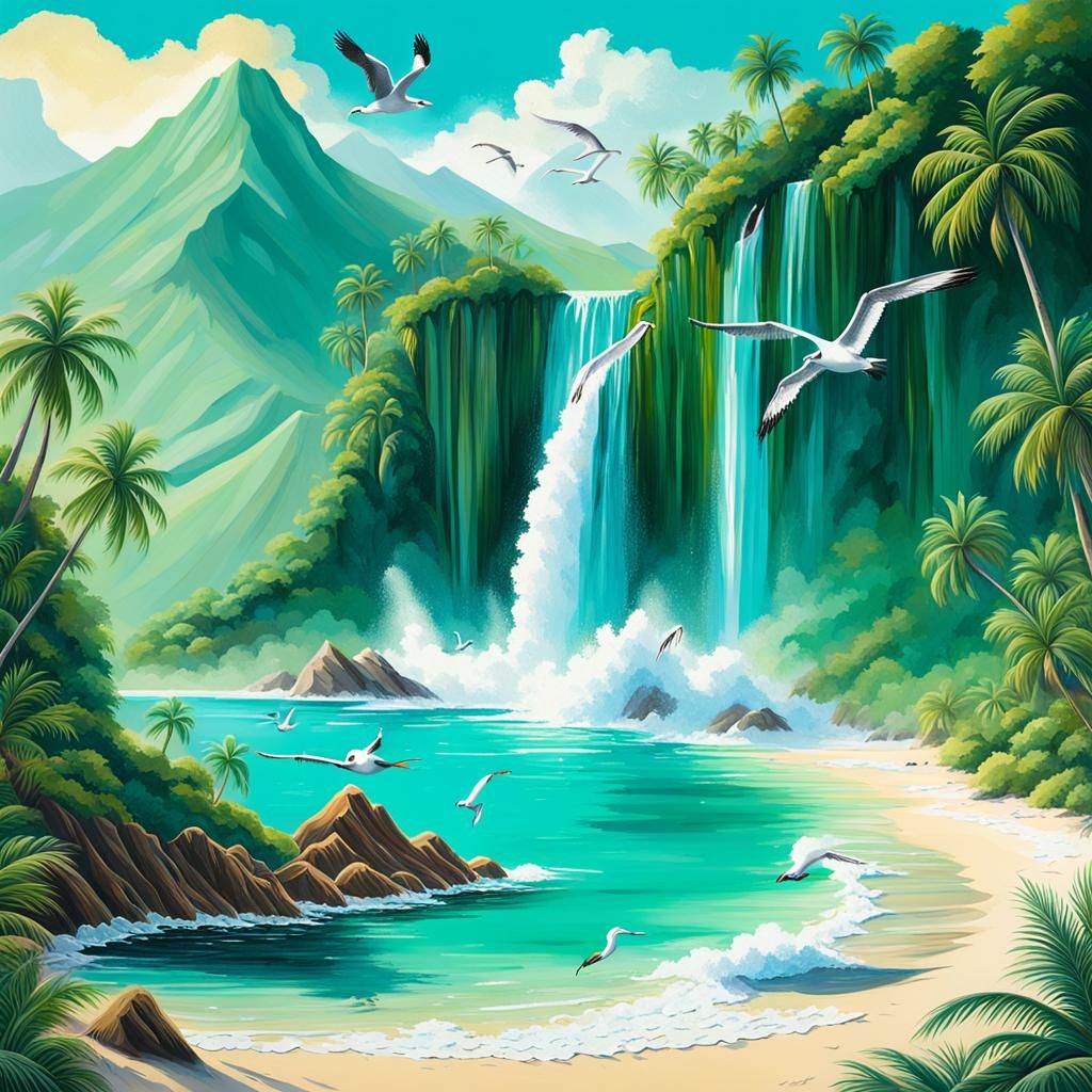 the background in colored fractals, next layer: green mounta...