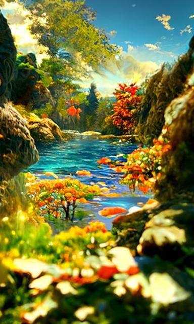 A beautiful painting of a river full of clear cystal deep bl...