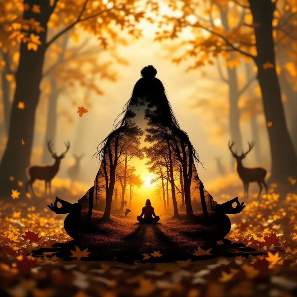 Combine both image to create an image that represents a mystical Beautiful Native Indian in a meditative pose with double exposure effects