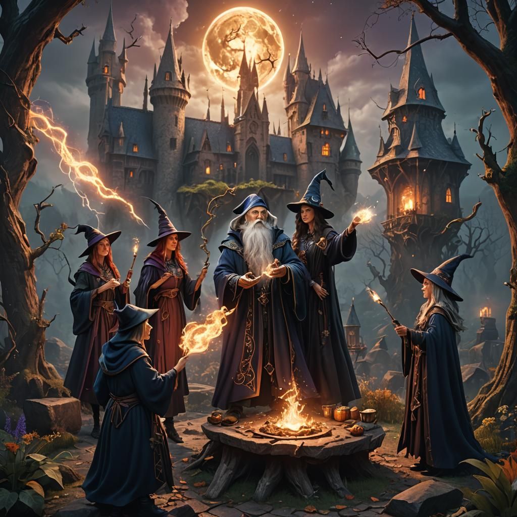 A wizard doing magic with 3 witches