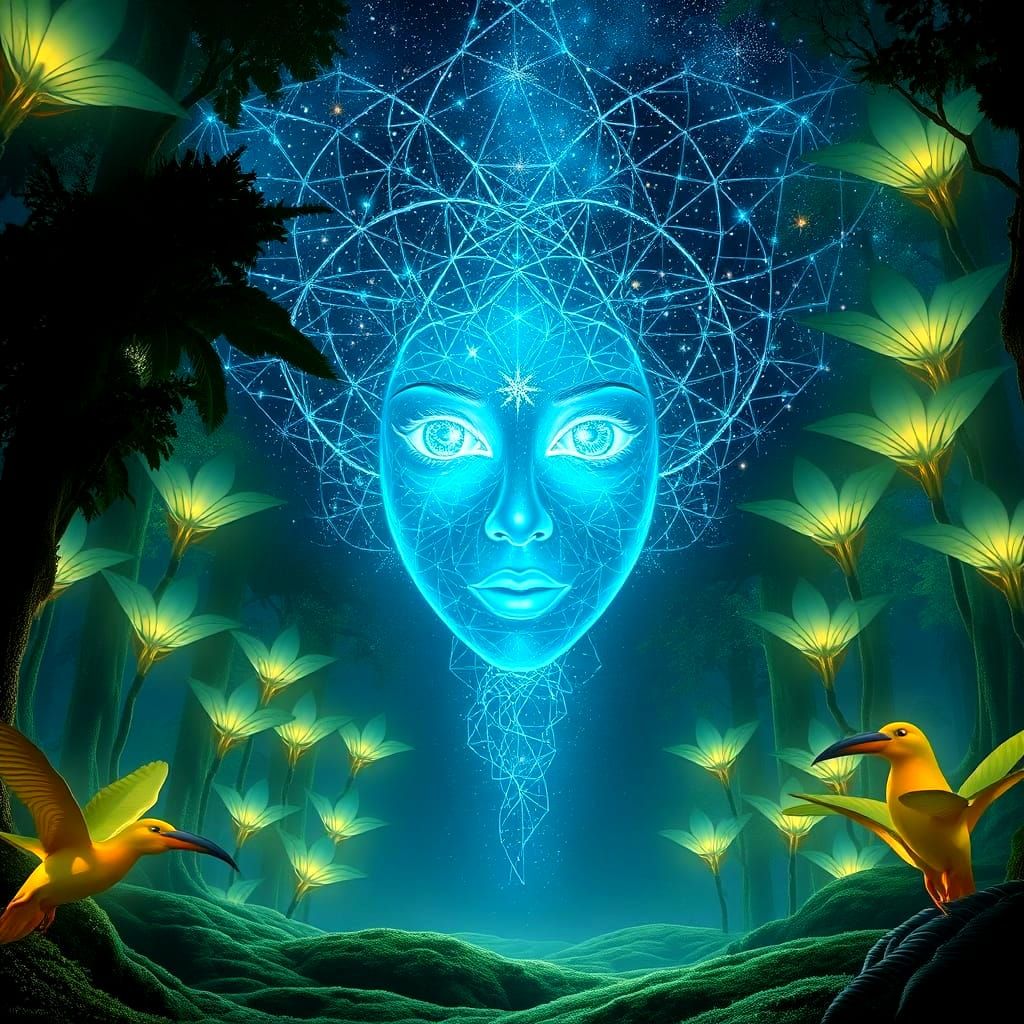 A majestic, ghostly woman's face made of pure starlight and eyes like distant galaxies in a forest of giant, glowing plants. The woman's hai...