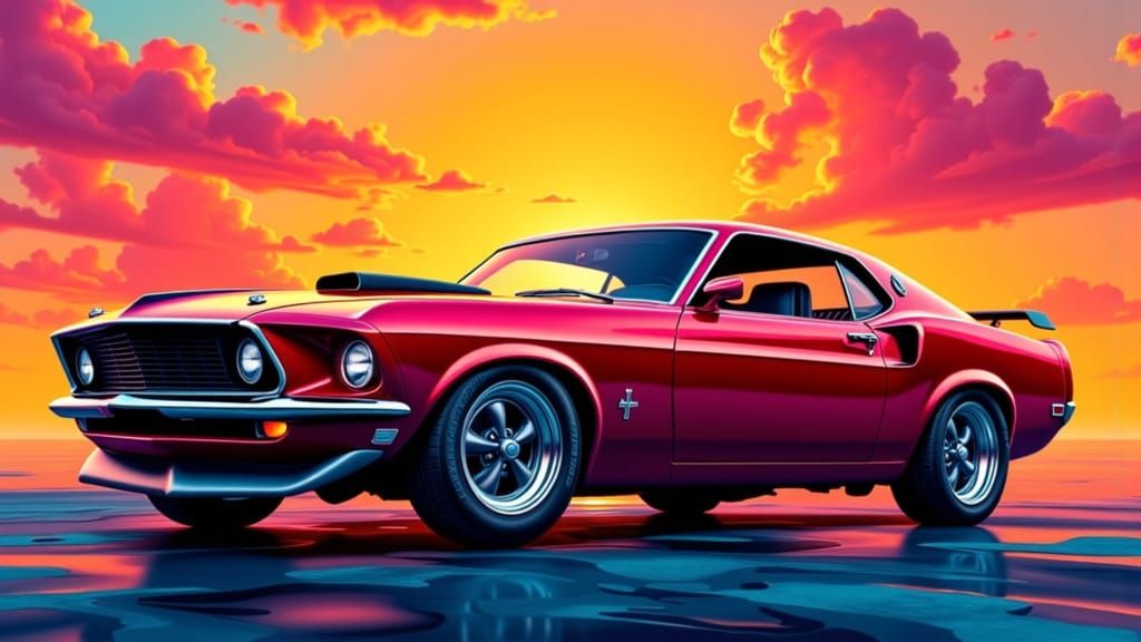 <lora:Airbrush:1.0> A sleek, cherry-red 1969 Mustang Fastback, gleaming with chrome accents, set against a warm, sunset-inspired background ...
