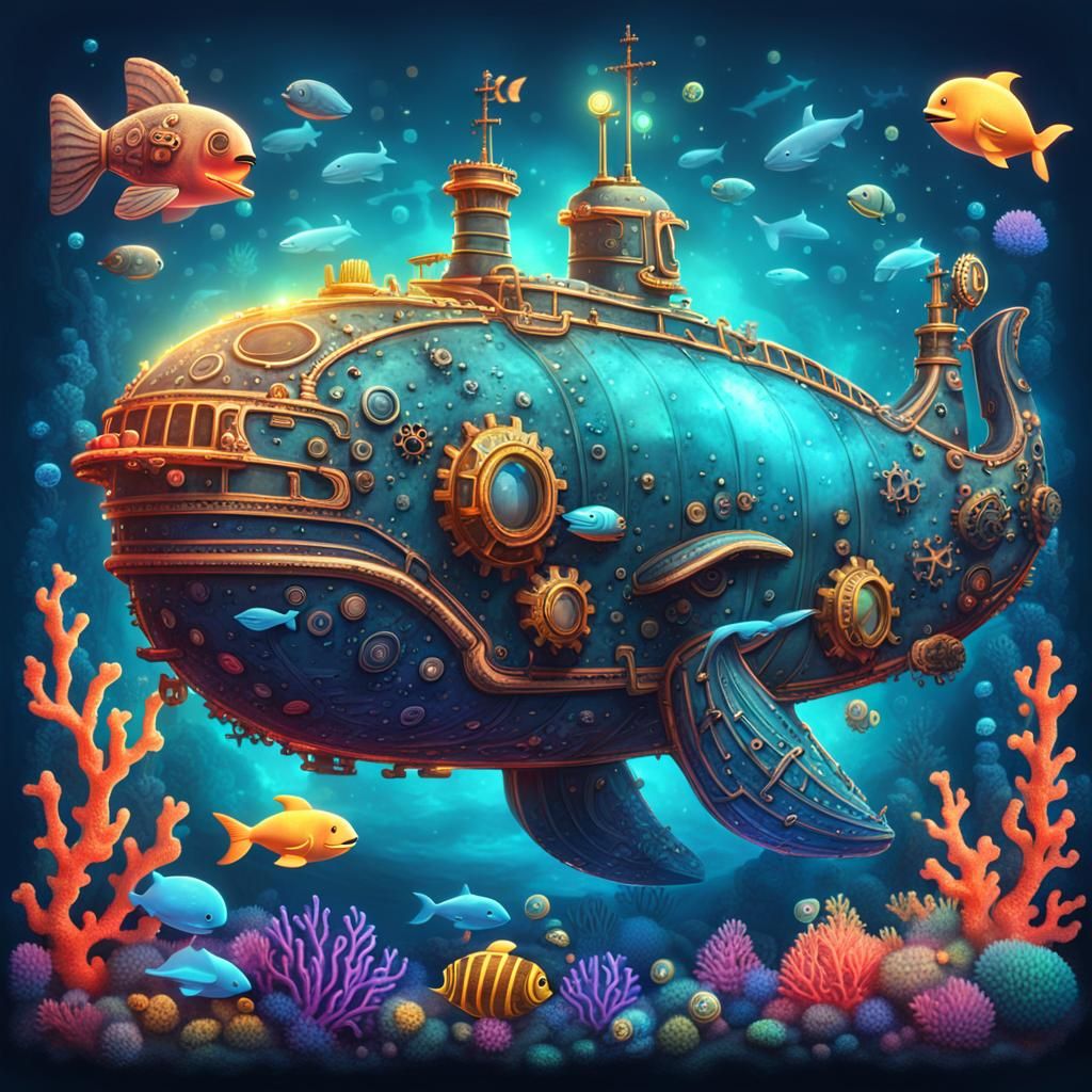 fantastical Steampunk cyberpunk submarine Shaped like a Cartoon emoji whale Diving into a sea filled ...  by @Sybil Thorn