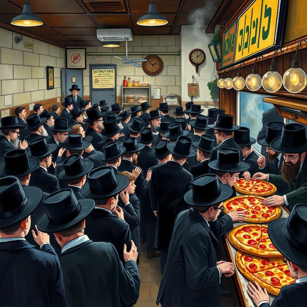 Vibrant Hasidic Pizzeria Scene in Whimsical Illustration Sty...