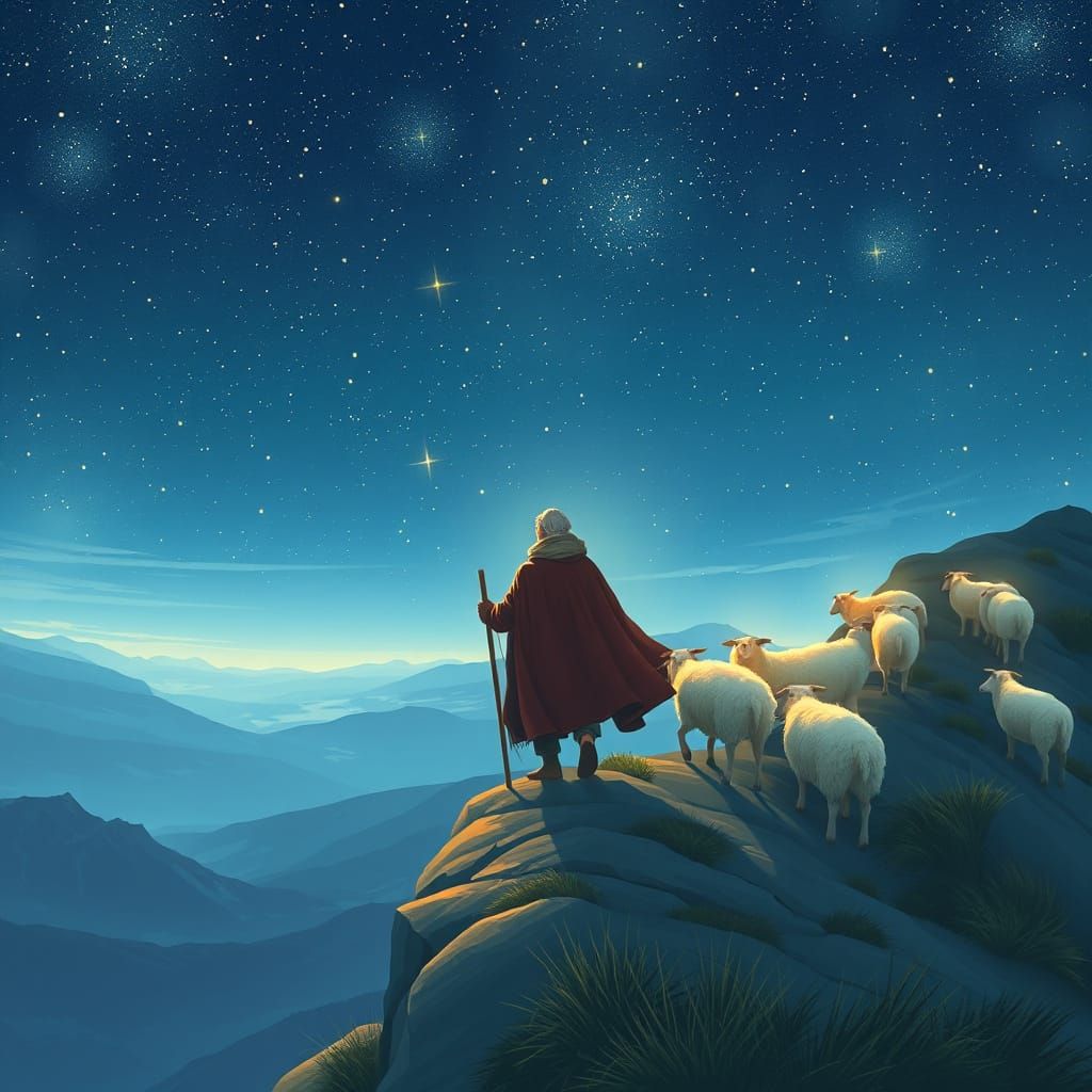 Shepherd Guides Glowing Sheep Across Starry Mountain Ridge