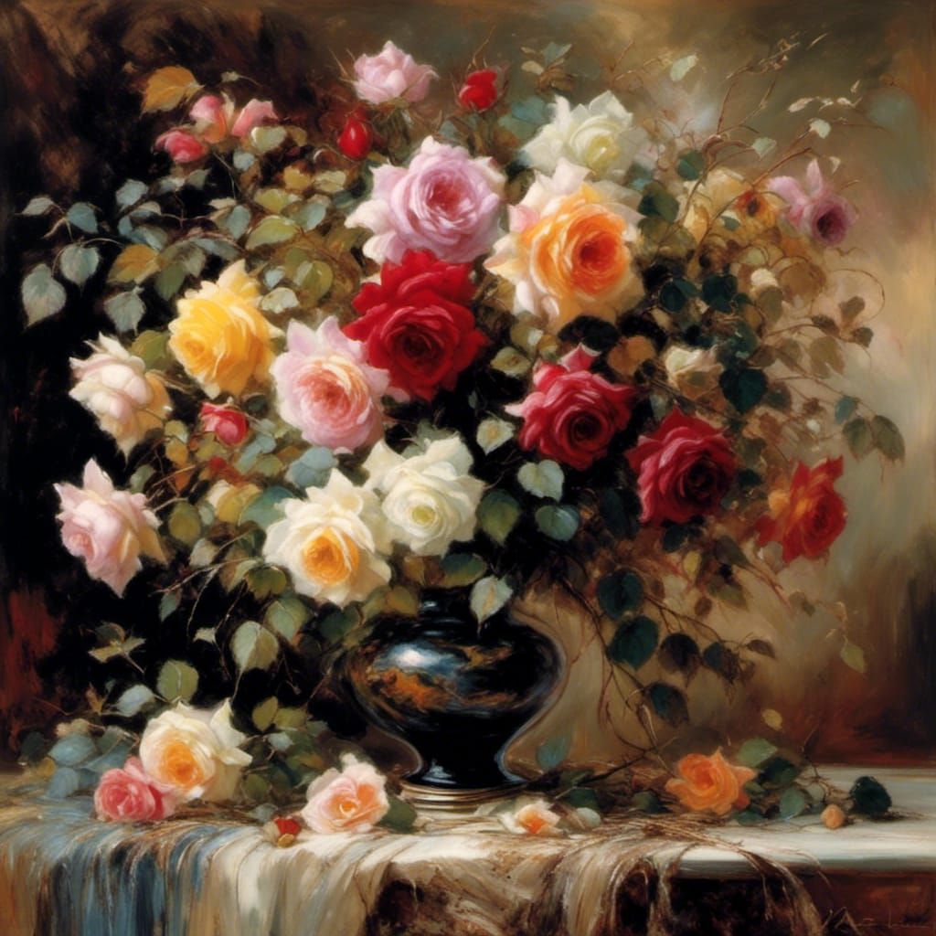 Beautiful porcelain vase full of multicolor roses still life <lora:HauntingPortraits:1.0> 