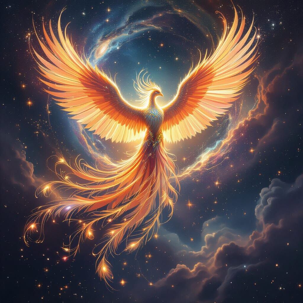 Celestial Phoenix Ascending from Stardust Vortex