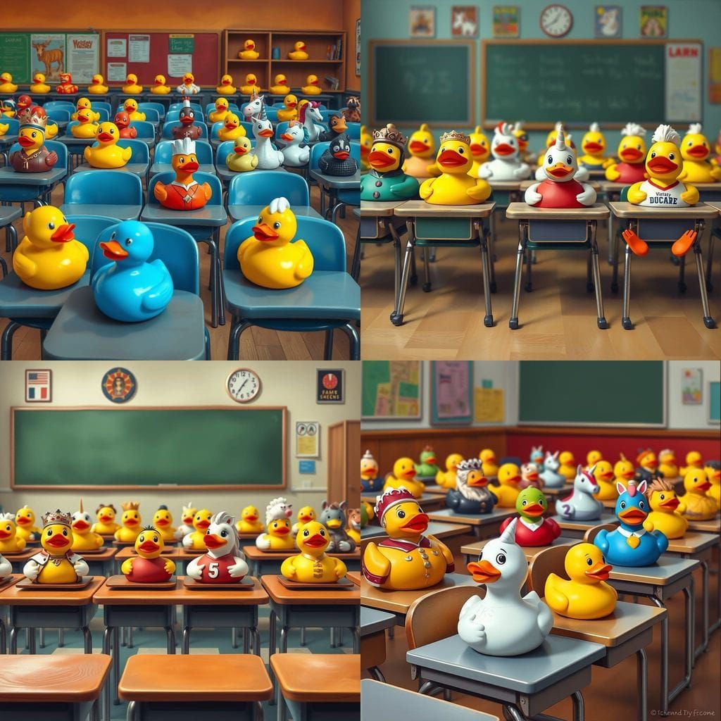 Rubber ducks sitting on chairs with desks in front of them in a colourful classroom. The ducks sit ready to learn - ther...