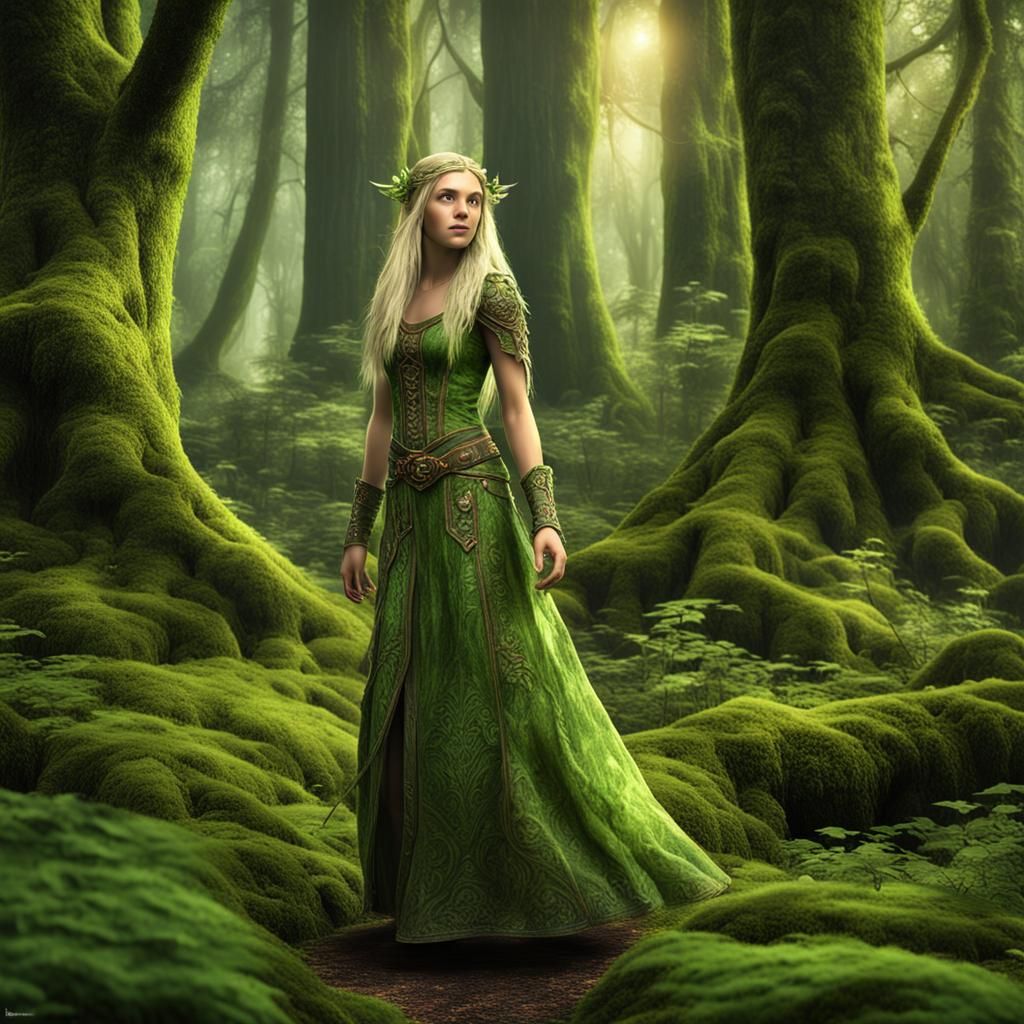 A beautiful blonde elf maiden strolling through a lush verda...
