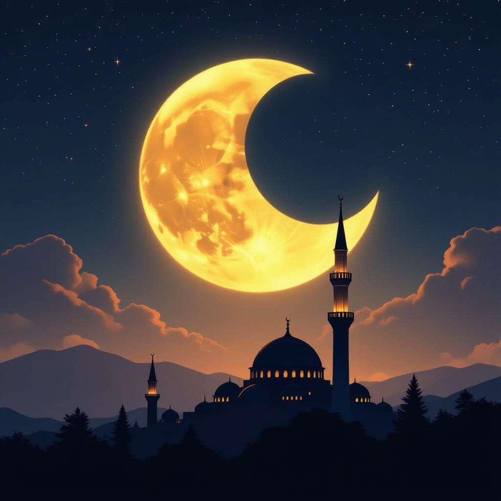 هلال مضيء في سماء ليلية مظلمة فوق مسجد، يظهر المئذنة والقبة بوضوح على شكل ظل (سيلويت) مع خلفية بلون ذهبي دافئ يختلط بالسواد، والنجوم متناثرة...