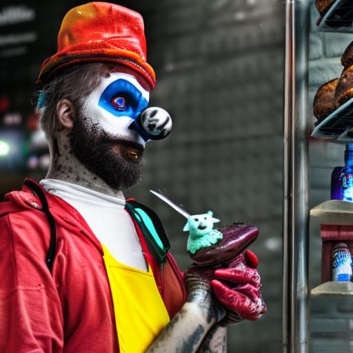 depressed clown with an axe selling hamburgers to small cats...