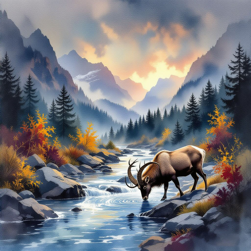 Ibex drinking from the river)