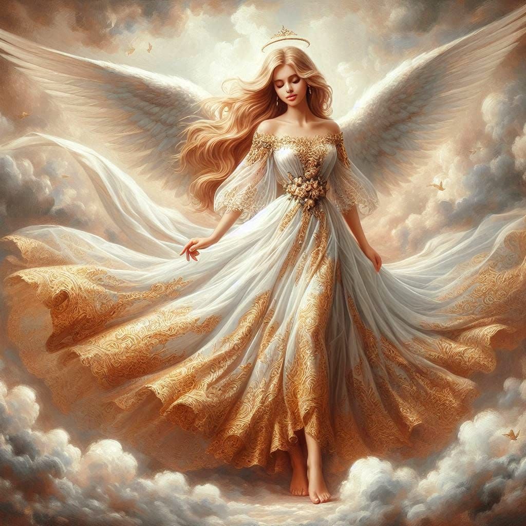 Angel wearing a stunning white and golden gown