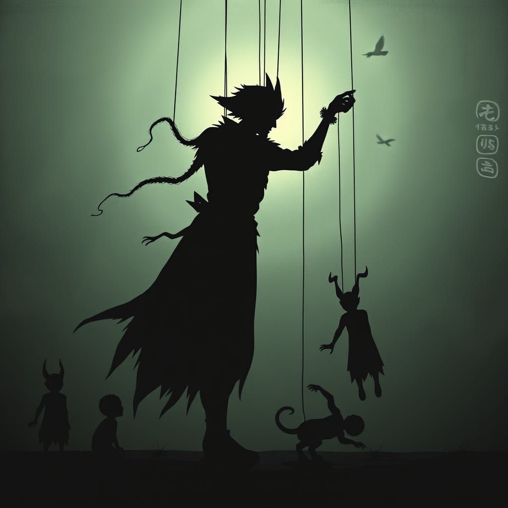 The Shadow Puppeteer: A figure with strings made of shadow, controlling the movements of forgotten spirits on a stage of eternal twilight.