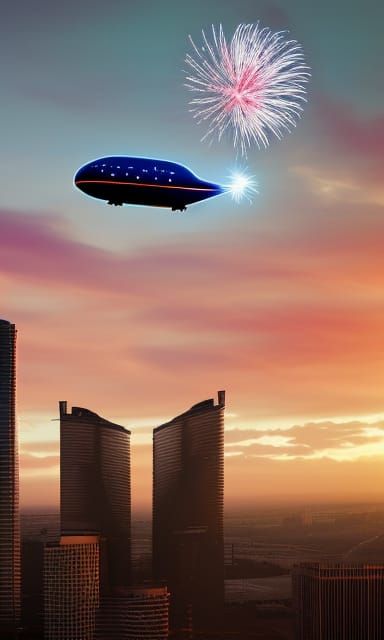 Futuristic solarpunk megacity blimp slyline at sunset with f...