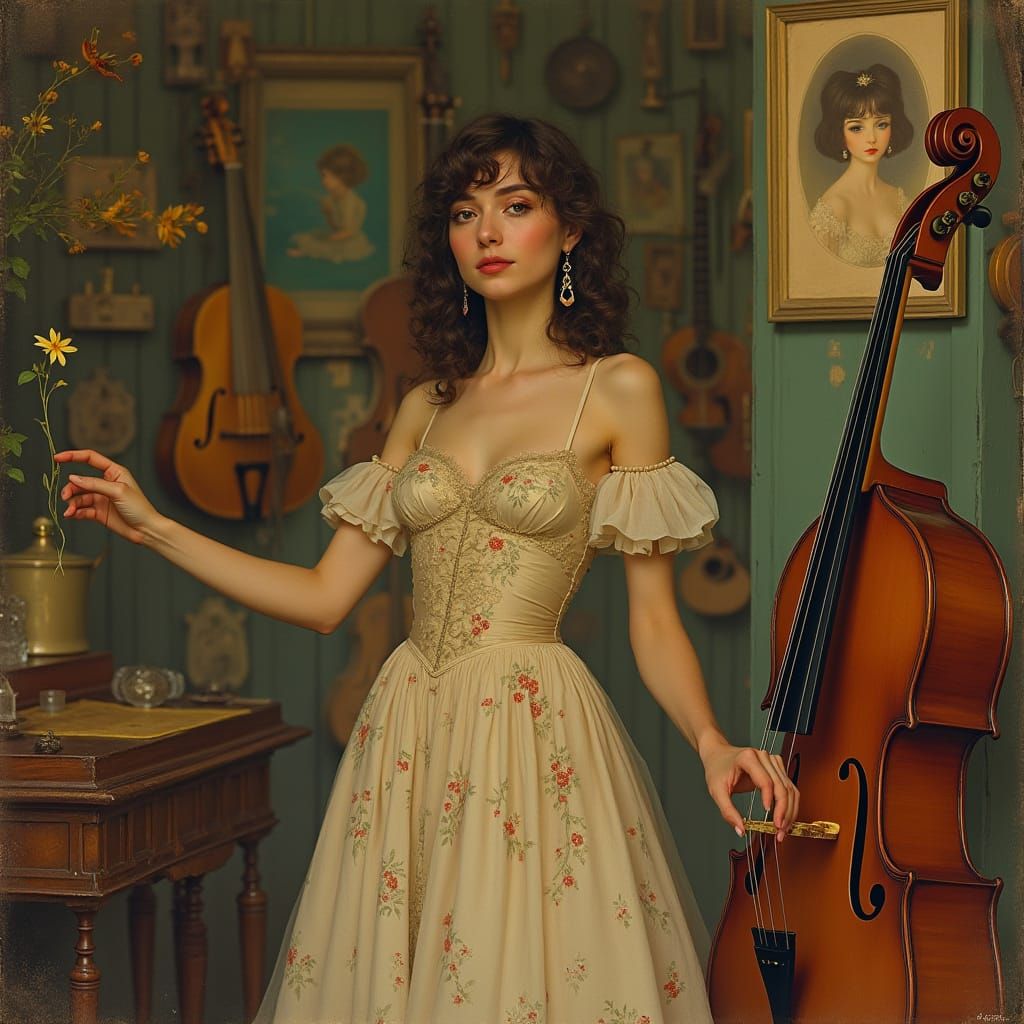Elegant Woman in Art Nouveau Music Store