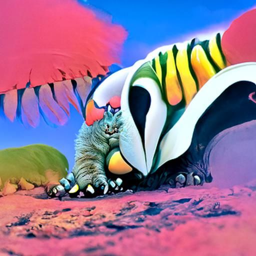 A fat fluffy furry cat looking dumbly forward by 
Roger Dean...