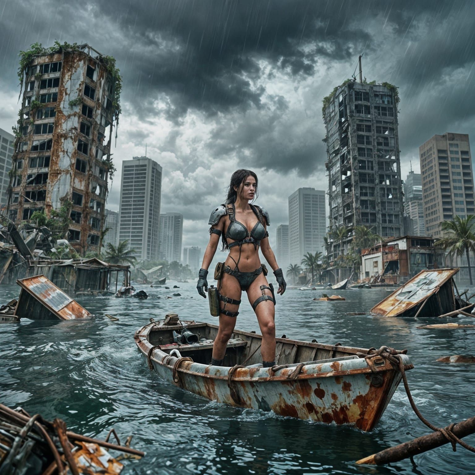 Survivor of the Drowned World:
A lone female survivor in a tactical survival bikini reinforced with straps, pouches, and...