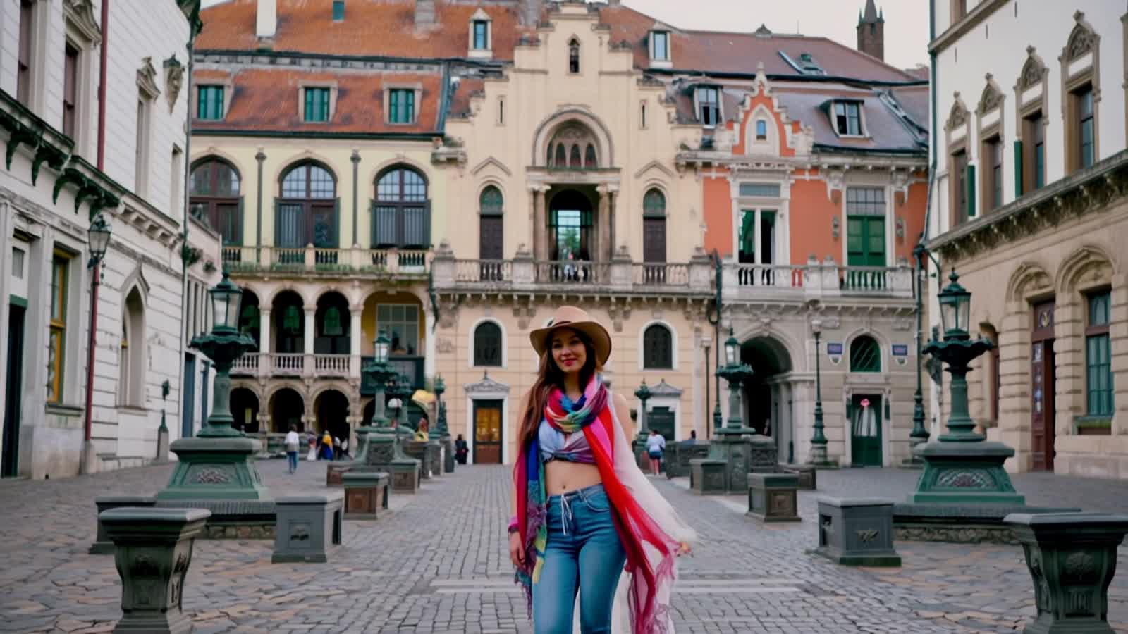 gera imagem de mulher no centro de lisboa imagem cidade, muda o styling para woodstock, com o texto blog, vlog, Life, wi...