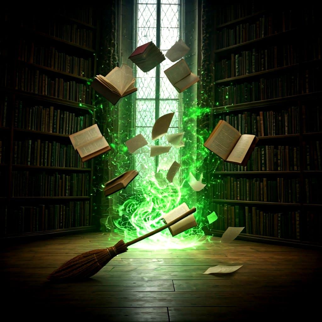 Chaos in the Library - Fantasy Library in Whirlwind of Magic...