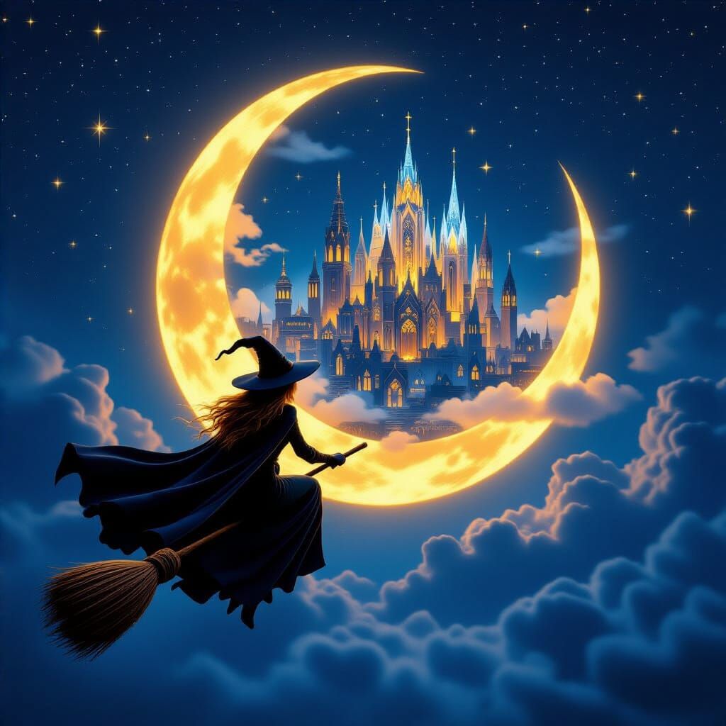 Witch Flying Broomstick Over Moon City