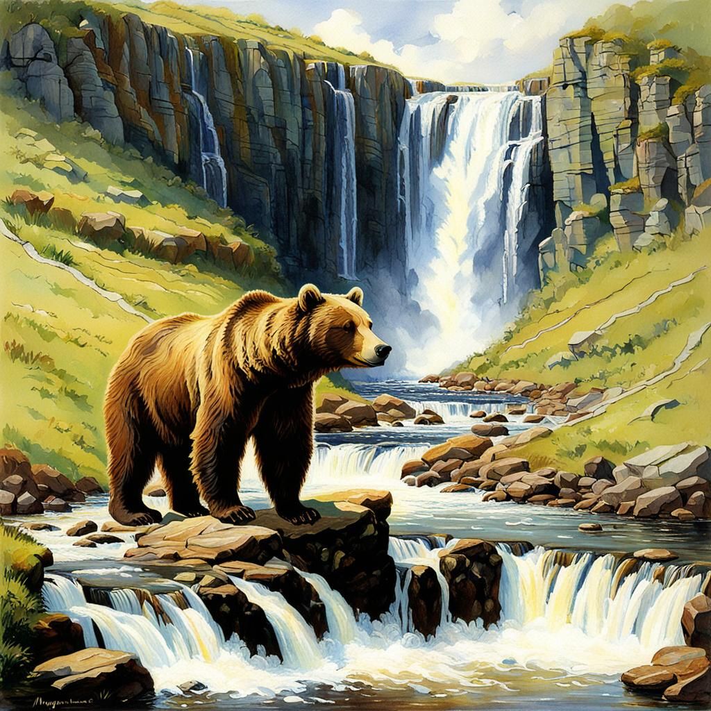 brown bear ,waterfalls - AI Generated Artwork - NightCafe Creator