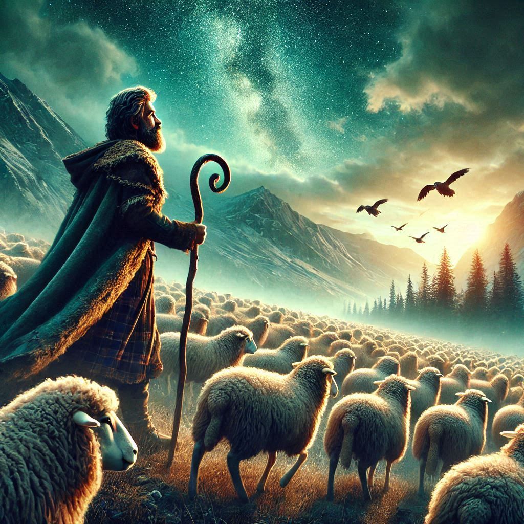 Shepherd watching over sheep