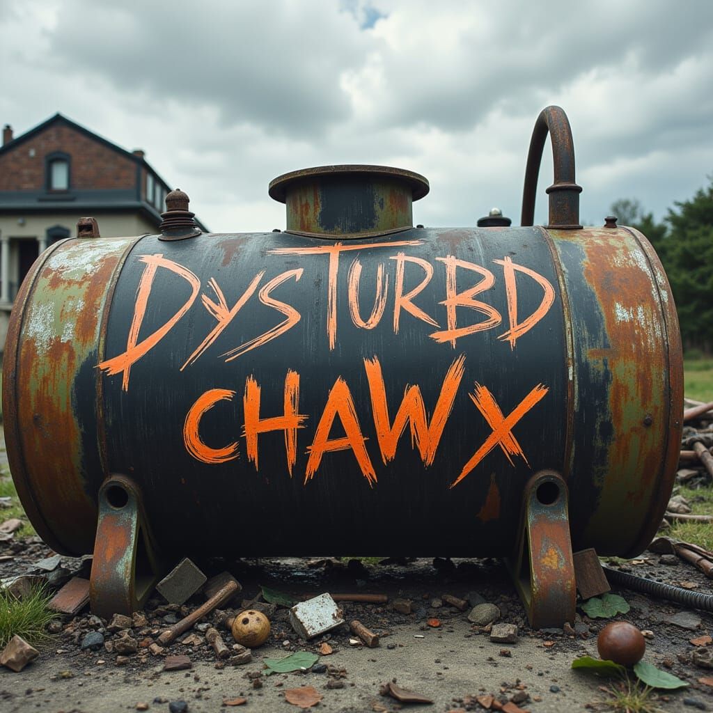 a Gigantic, Modern Abstract Zombie Apocalypse, unnatural creepy text, (Text: "DysTurbd ChaWx") logo, appearing intertwined in a massive apoc...