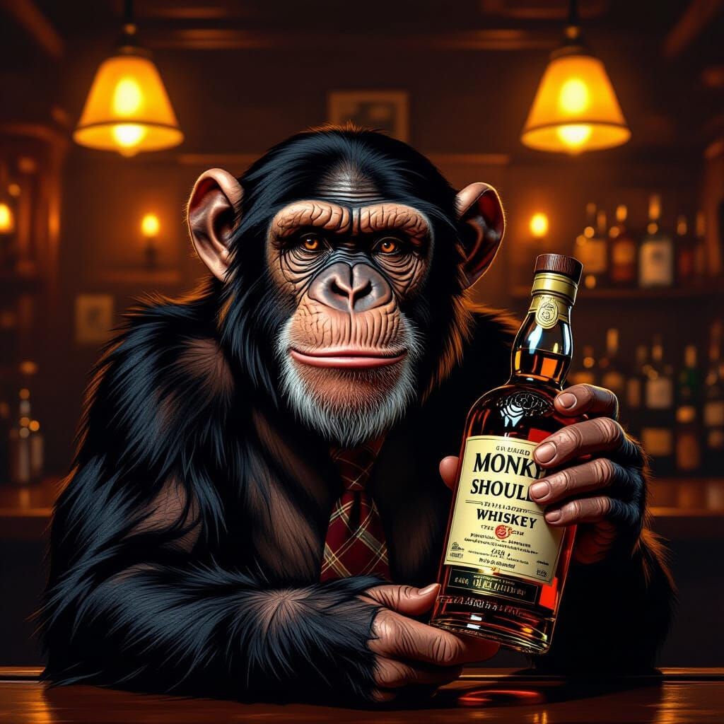 Mischievous Chimp Enjoys Whiskey in Vintage Bar