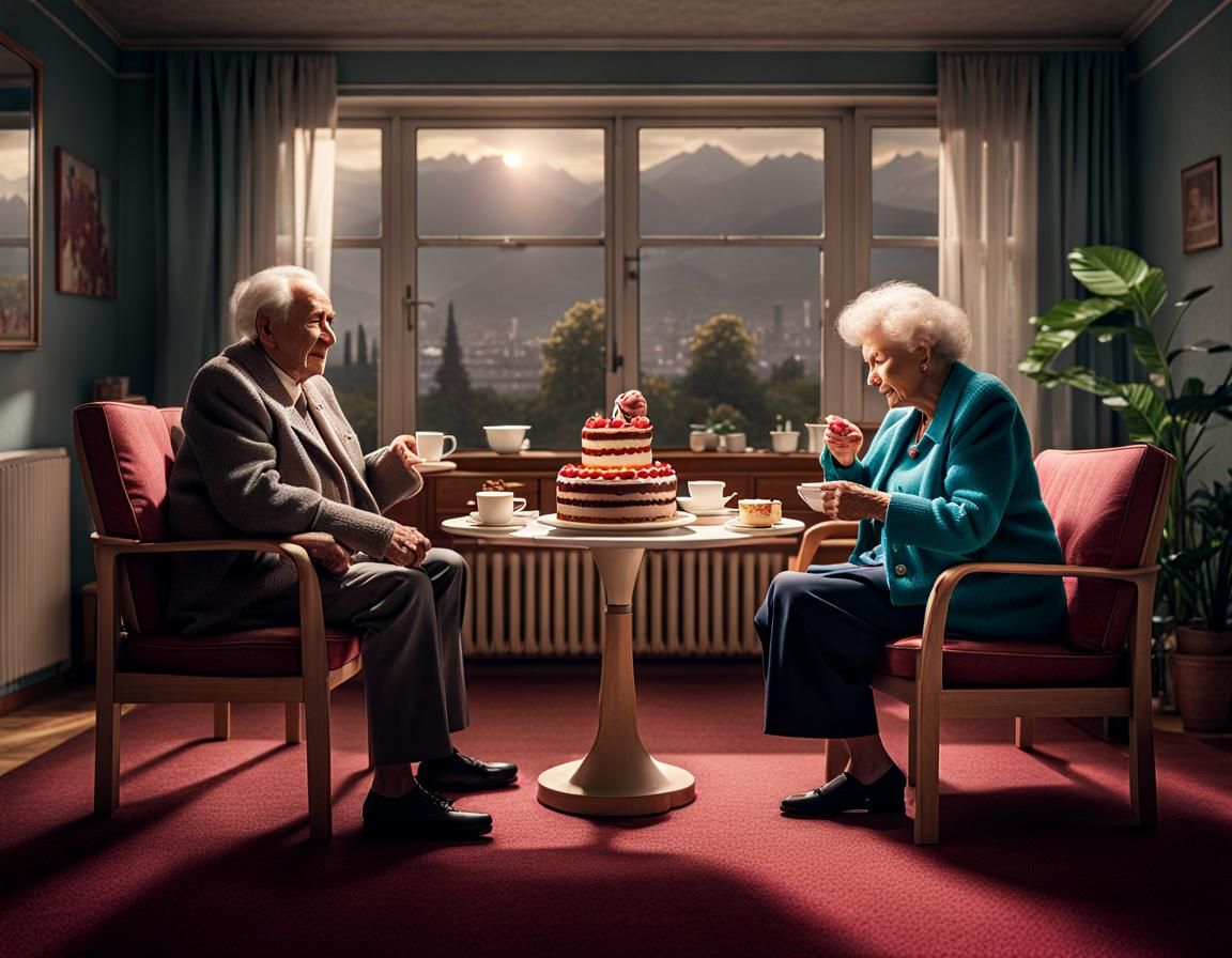 Two happy elderly people eating cake and tea; communist Euro...