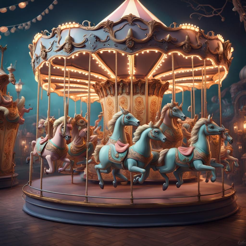 A whimsical pastel-colored carousel with fantastical creatures as ride ...