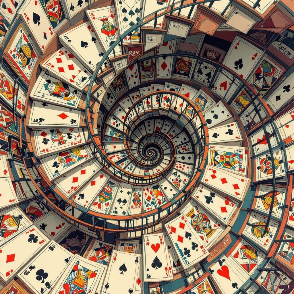 Card Deck Spiral Staircase in Dreamlike Style