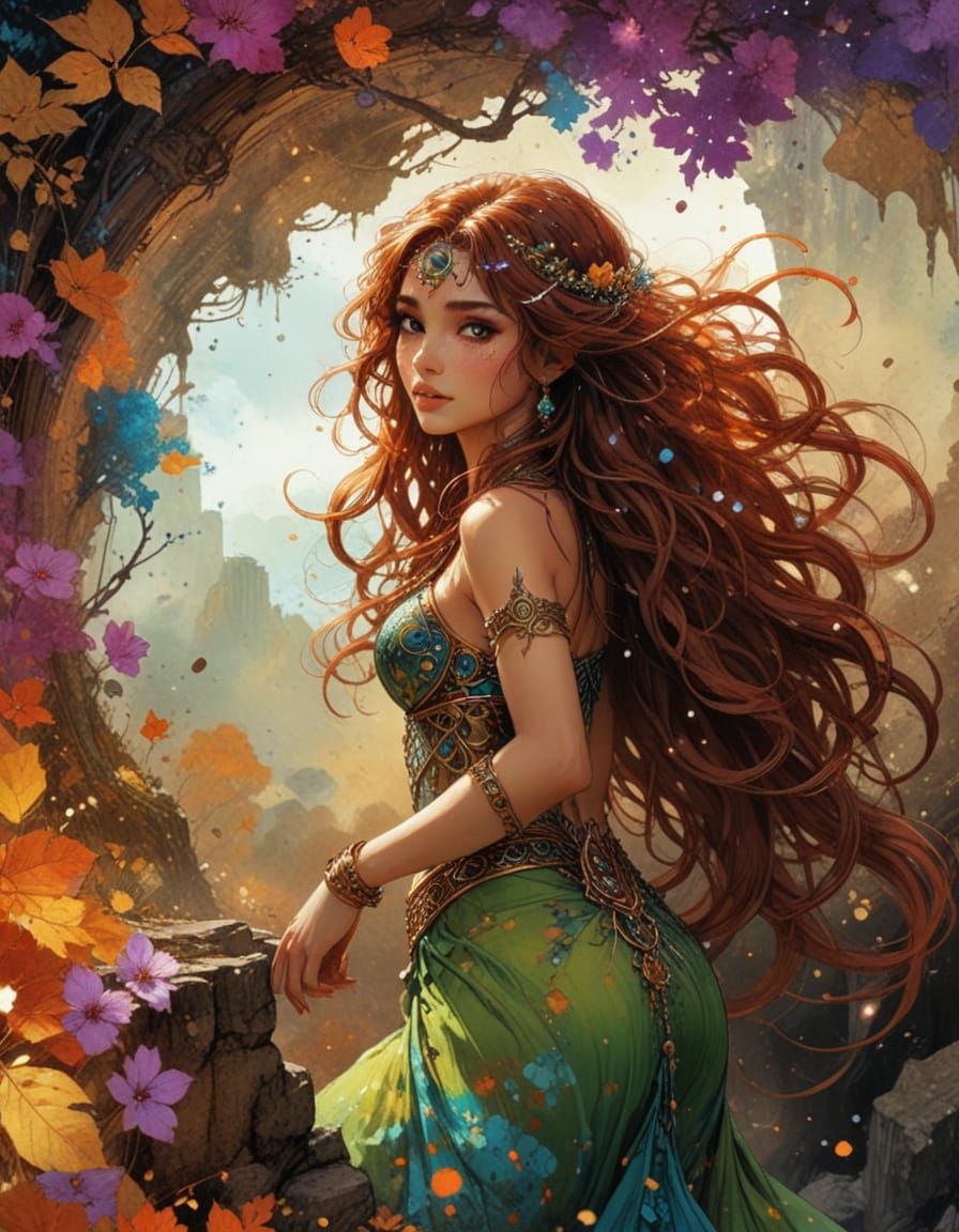 Whimsical Gypsy Girl in a Vibrant Fantasy Landscape