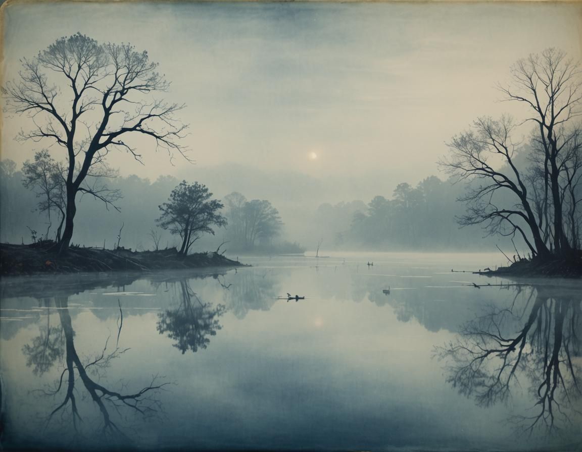 Ethereal Cyanotype Landscapes Distant Shot Long Neck Serpent...