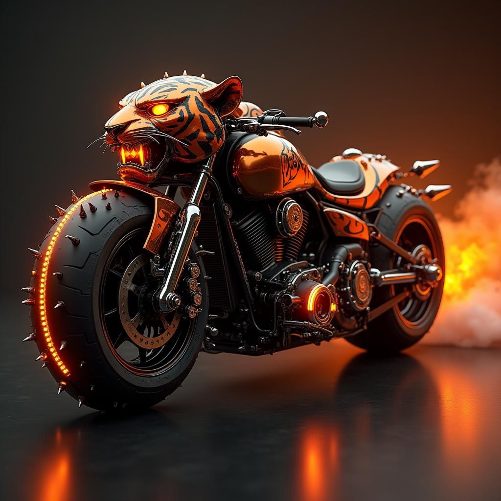 "A powerful hybrid creature that blends the fierce, muscular form of a tiger with the sleek, mechanical design of a high-performance bike. T...