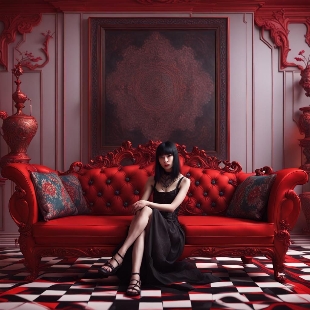 plan large, psychedelic subjective 3/4 view of an asian goth girl sitting  on a red divan, checkerboard floor, photo hyper realist - AI Generated  Artwork - NightCafe Creator