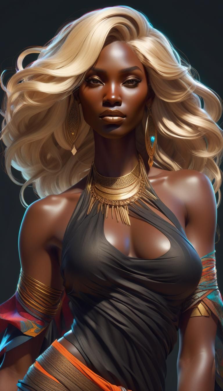 a black blonde godess, deep dark skin, brightly colored clot...