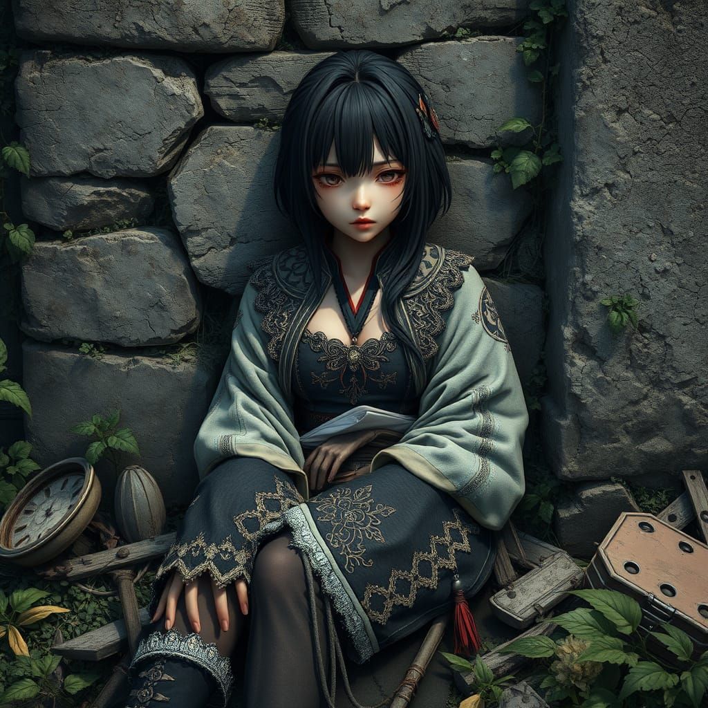 Exhausted Warrior Against Ruins