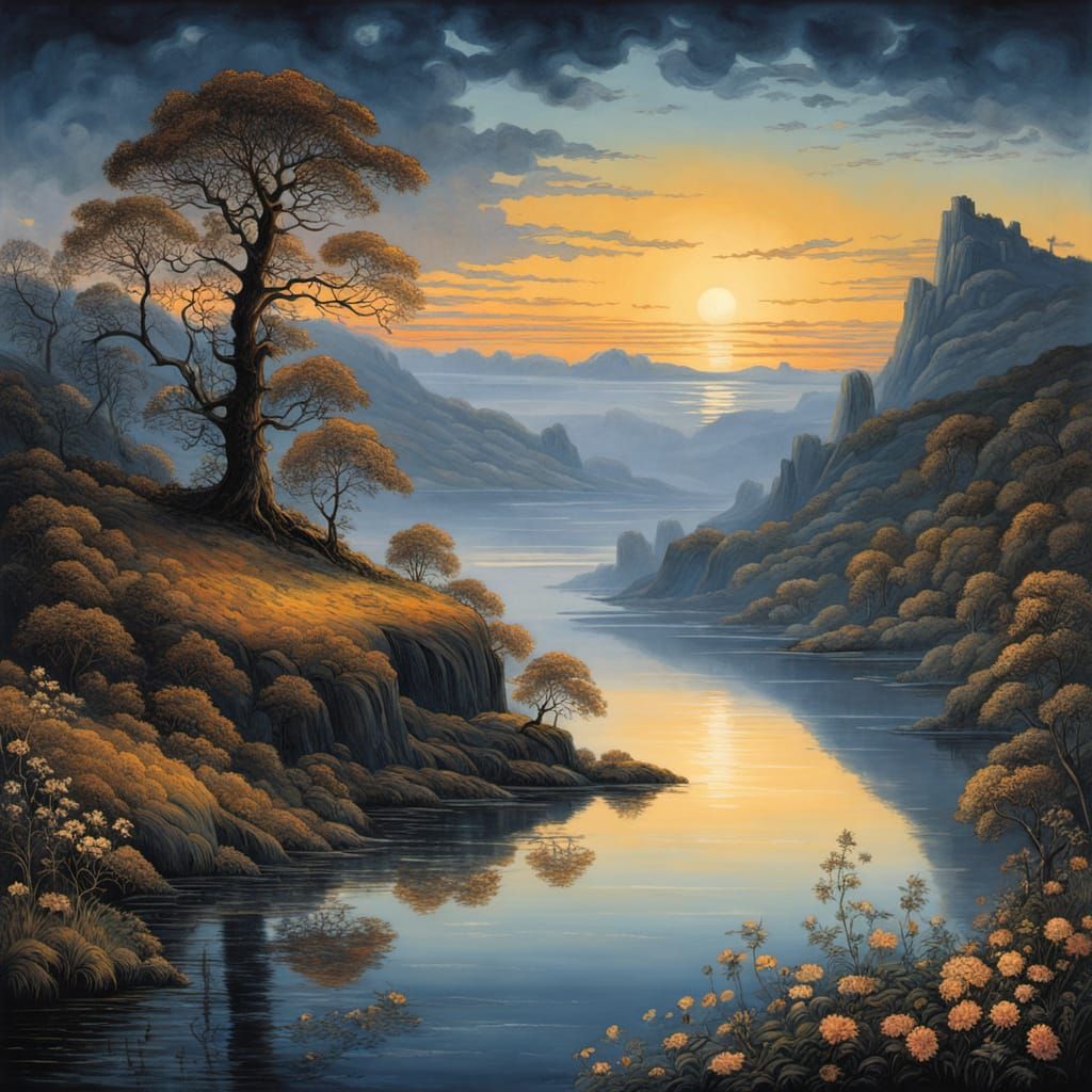 A colossal, ancient beautiful redhead with iridescent scales walks down city street in thunderstorm.   The urban landscape around her is a t...