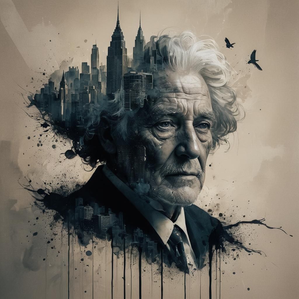 A surreal ink portrait in a double exposure style, combining...