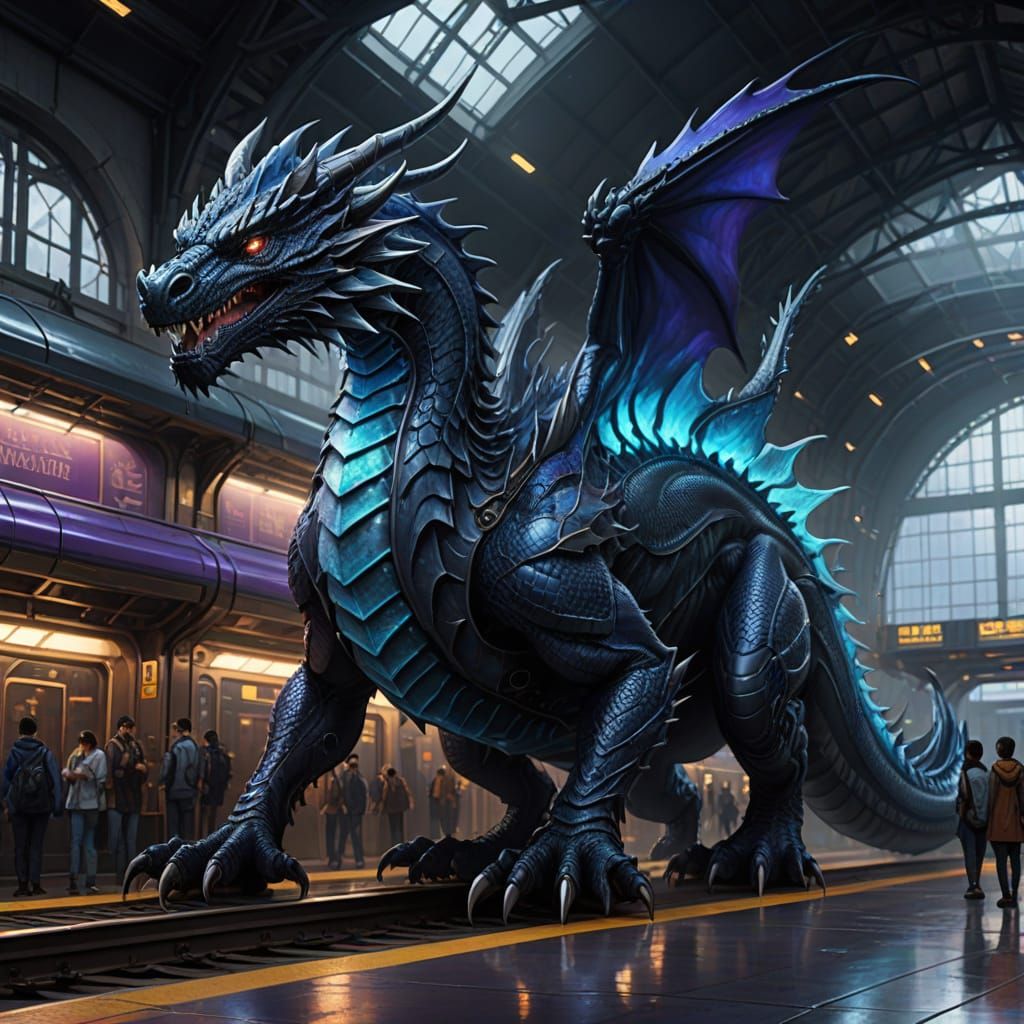 Legendary Dragon at Futuristic Train Station