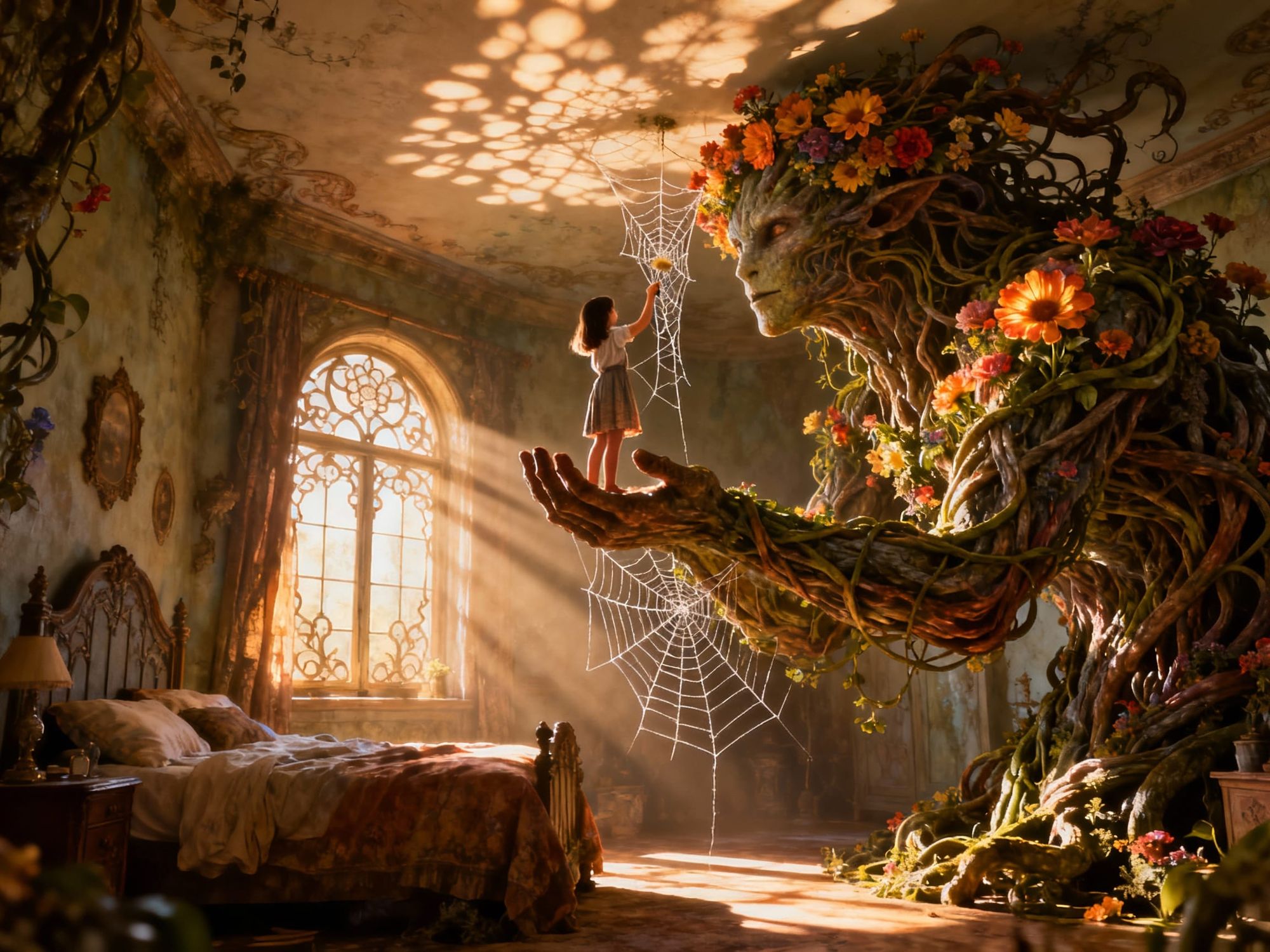 photorealistic, 8k resolution, a masterpiece, surreal, a giant elemental made entirely of twisting vines and flowers, lifts a small girl up ...