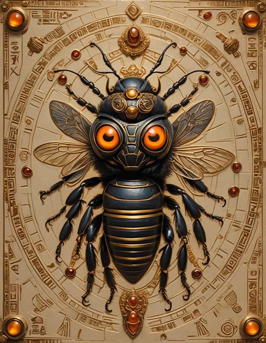 scenic portrait of a bee god, orange glowing eyes, egyptian ...
