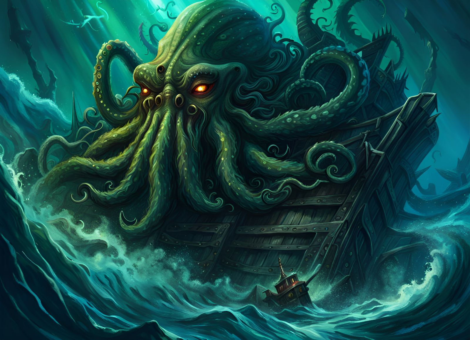 Cthulhu monster from the deep of the sea, shipwreck in the first panel ...