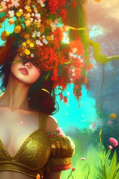 Beautifil girl with red hair and gold crown, in a garden ful...